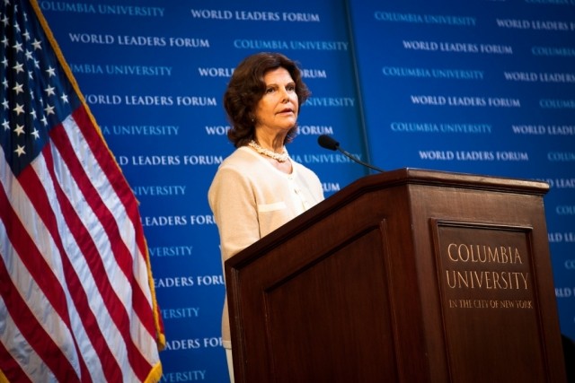 Her Majesty Queen Silvia of Sweden delivers the keynote address to Columbia University students, faculty, and staff. 