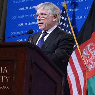 University President Emeritus Lee C. Bollinger speaking on the purpose of the World Leaders Forum