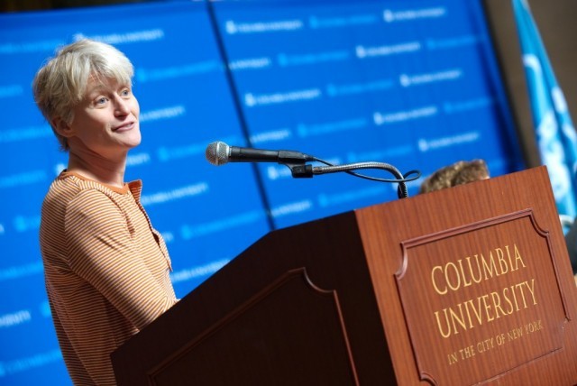 Elizabeth Povinelli, director of Columbia’s Institute for Research on Women and Gender, introduces the World Leaders Forum panel discussion, “Liberalism and its Others.”