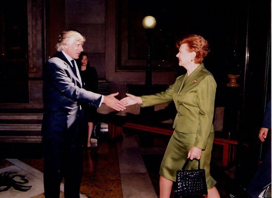 Columbia University President Lee C. Bollinger greets Vaira Vike-Freiberga, President of Latvia.