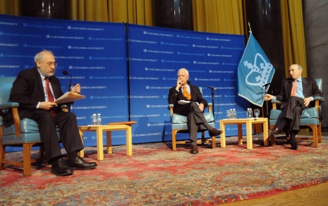 University Professor Joseph Stiglitz moderates a discussion with panelists Arthur Levitt and Gary Gensler.
