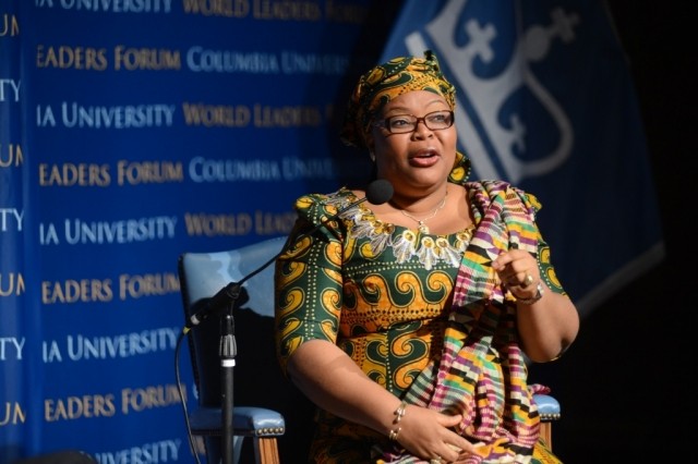 Leymah Gbowee delivers her address titled “True Leadership Requires Accountability: The Way Forward for New African Leadership” to the Columbia University community.