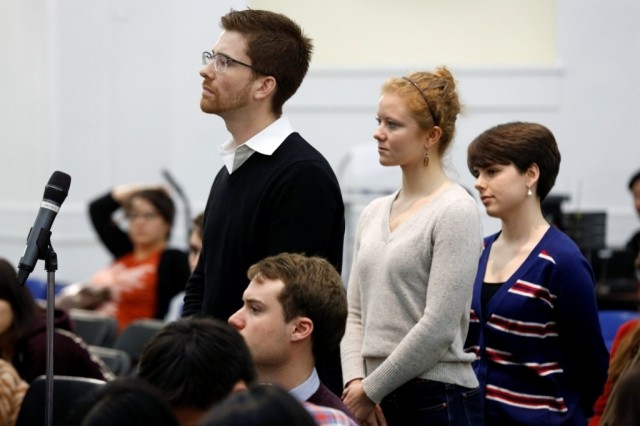 Columbia University students line up to ask the panelists a question during the question and answer session.