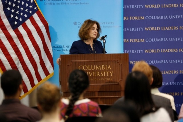 Victoria de Grazia, Moore Collegiate Professor of History and Director, Blinken European Institute, welcomes and introduces the program titled “America’s European Ambassadors: Diplomacy in Tumultuous Times” on November 20, 2013.