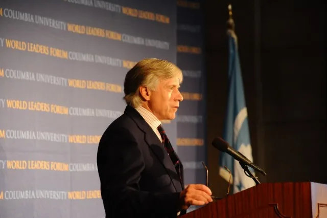 Lee C. Bollinger, Columbia University President introduces Howard Davies, Director, London School of Economics, to Columbia University’s World Leaders Forum on October 20, 2010.