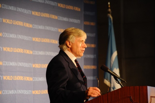 Lee C. Bollinger, Columbia University President introduces Howard Davies, Director, London School of Economics, to Columbia University’s World Leaders Forum on October 20, 2010.