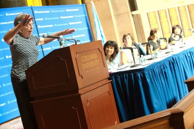 Hirdman addresses the audience in Low Memorial Library as panelists Lila Abu-Lughod, Inderpal Grewal, Teresa Valdes, Lara Deeb, and Wang Zheng listen on