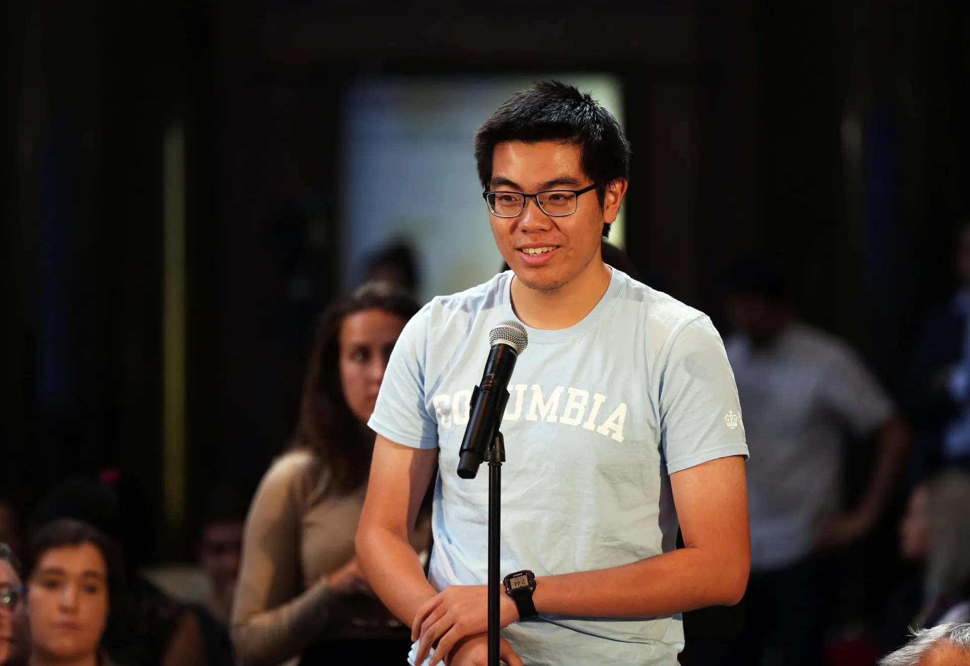Columbia University students line up to ask Madeleine K. Albright, Former United States Secretary of State questions during the question and answer session.