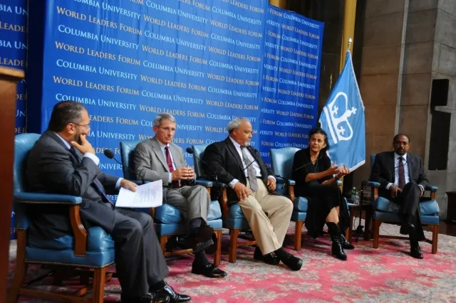 Program moderator Ray Suarez, and panelists (from left to right ) Anthony Fauci, Eric Goosby, Wafaa El-Sadr and Michel Sidebé discuss how we can achieve an AIDS-free generation.