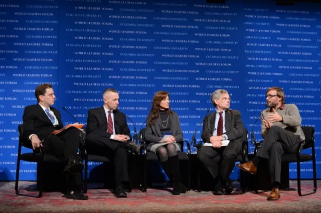 Program panelists (from left to right), Adam Sobel, Daniel Zarrilli, Lisa Goddard, Michael Gerrard, and Radley Horton, discuss preparing for extreme weather and lessons learned from Sandy. 
