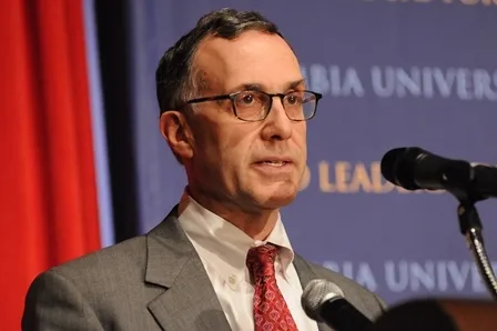 Bill Grueskin, Dean of Academic Affairs and Professor of Professional Practice, Columbia School of Journalism, welcomes panelists Ahmed Rashid and Steve Coll to Columbia University's World Leaders Forum on March 19, 2012.