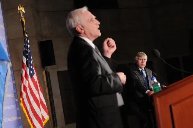 Lee C. Bollinger, President of Columbia University, moderates the question and answer session with Daniel K. Tarullo and students in attendance.