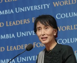 Daw Aung San Suu Kyi addresses Columbia University students, faculty, staff and esteemed guests.