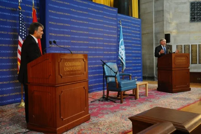 Lee C. Bollinger, Columbia University President, makes closing remarks following the audience question and answer session