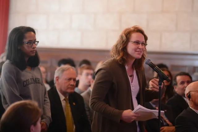 Columbia University students and community members line up to ask His Excellency Horacio Cartes a question during the question and answer session.