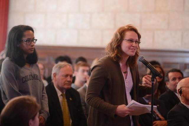 Columbia University students and community members line up to ask His Excellency Horacio Cartes a question during the question and answer session.