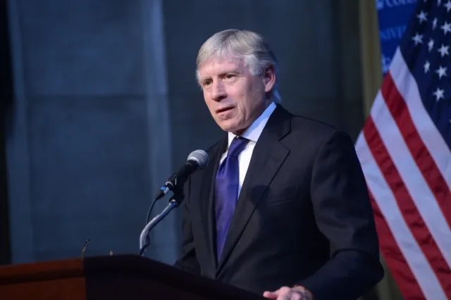 Lee C. Bollinger, President of Columbia University, introduces Pascal Lamy, Honorary President of Notre Europe - Jacques Delors Institute and Former Director-General of the World Trade Organization, to the audience.