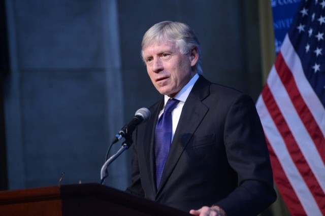 Lee C. Bollinger, President of Columbia University, introduces Pascal Lamy, Honorary President of Notre Europe - Jacques Delors Institute and Former Director-General of the World Trade Organization, to the audience.