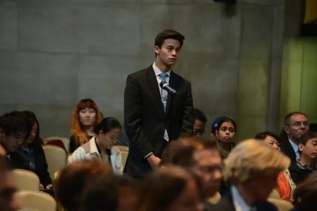 Columbia University student’s line up to ask a question during the question and answer session.