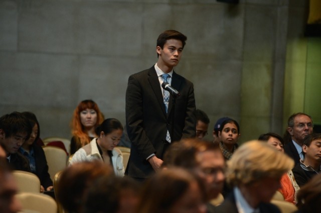 Columbia University student’s line up to ask a question during the question and answer session.