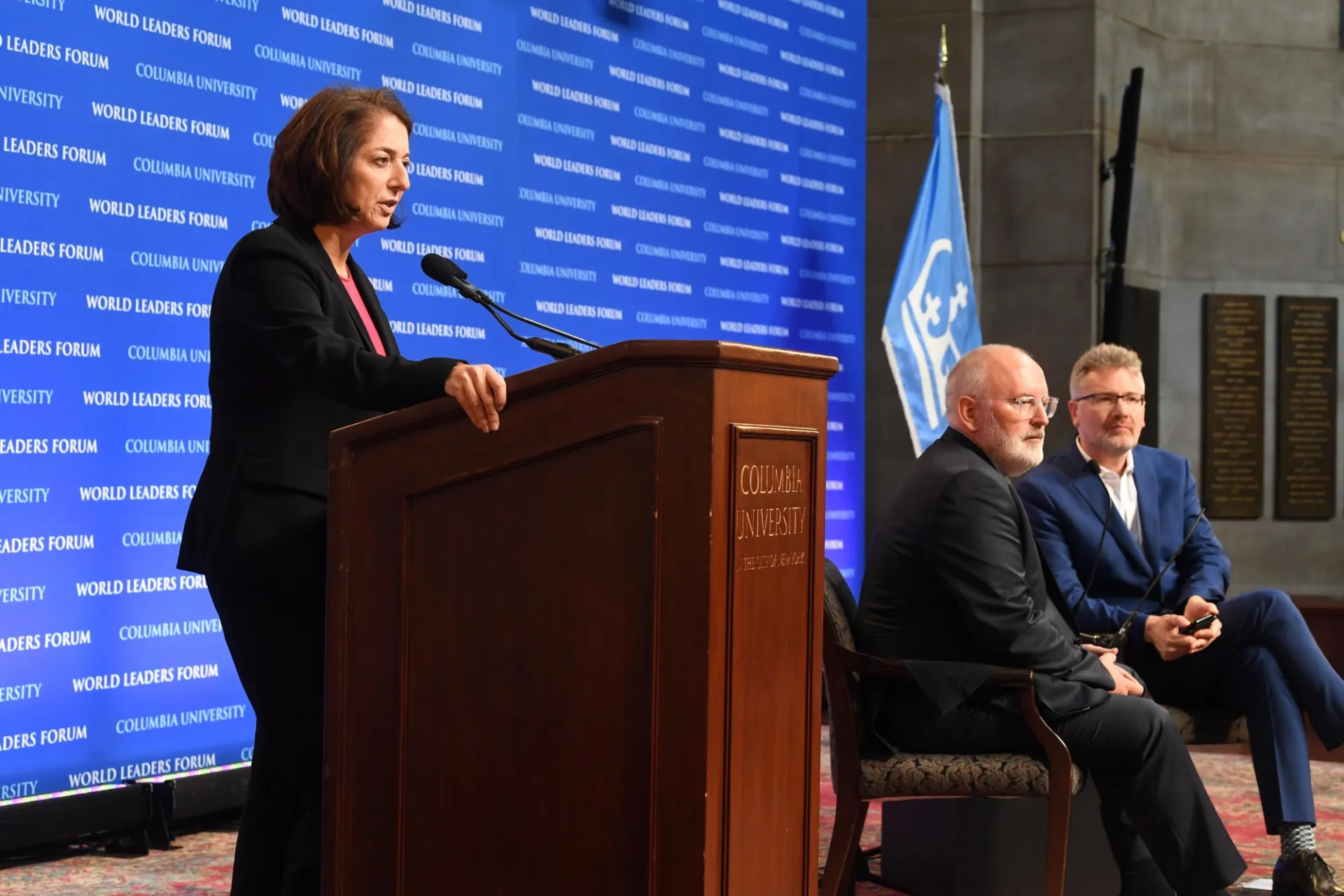 Anya Schiffrin, Director of the Technology, Media, and Communications specialization at the School of International and Public Affairs begins the World Leaders Forum with an introduction of First Vice-President Frans Timmermans of the European Commission.