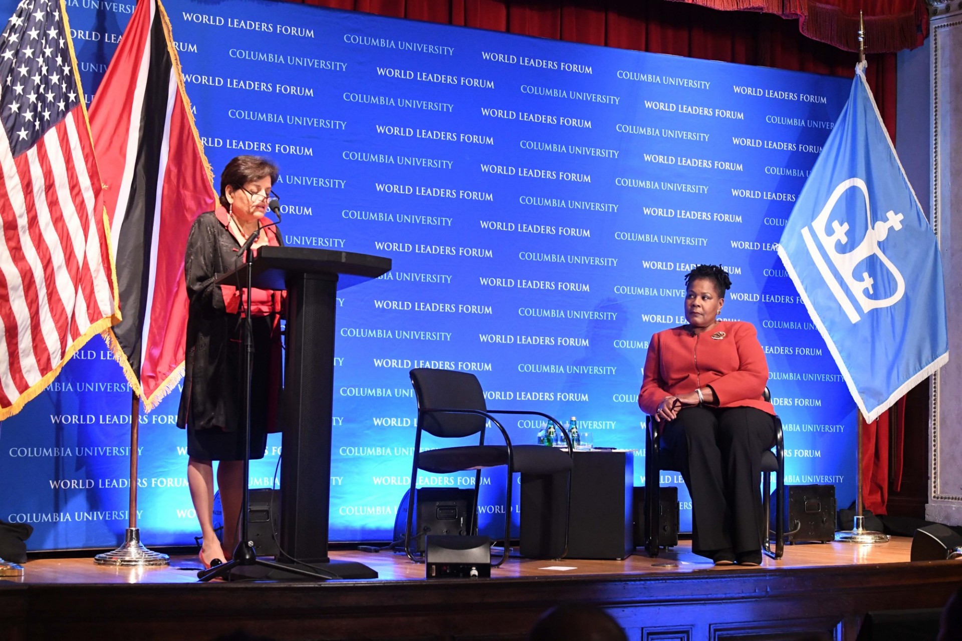 Vishakha N. Desai, Vice Chair, Committee on Global Thought, Senior Advisor for Global Affairs, and Senior Research Scholar, School of International and Public Affairs begins the World Leaders Forum with an introduction of President Paula-Mae Weekes of the Republic of Trinidad and Tobago.