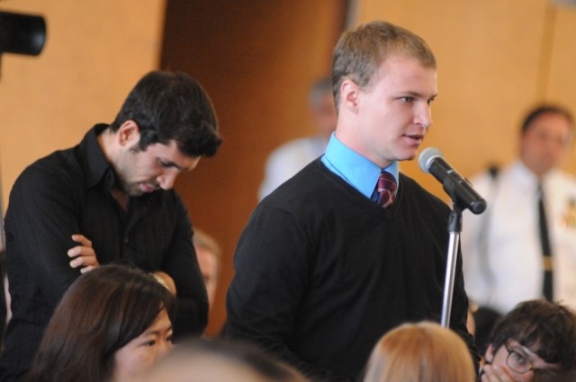 Columbia University students line up to ask His Excellency Francois Delattre a question during the question and answer session.