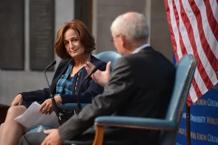 Professor Victoria de Grazia, Moore Collegiate Professor of History and Director of the Blinken European Institute, moderates the discussion, as well as the question and answer session, with the audience.