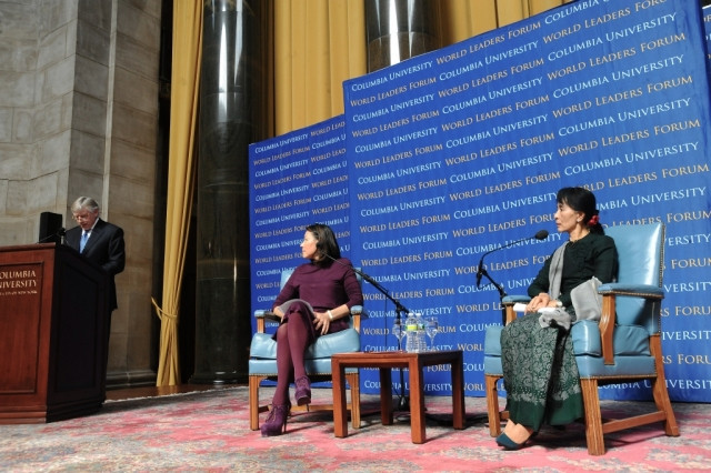 Lee C. Bollinger, President of Columbia University, welcomes Daw Aung San Suu Kyi, chair of the National League for Democracy and Member of Parliament from Kawmhu Constituency to Columbia University's World Leaders Forum on September 22, 2012.