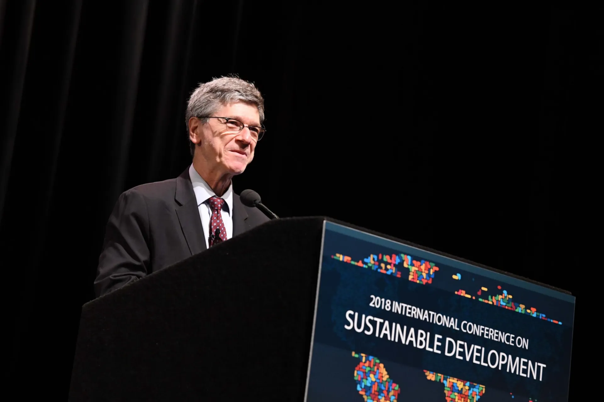 Jeffrey Sachs, Director, Center for Sustainable Development in the Earth Institute, begins the World Leaders Forum with an introduction of Prime Minister Jacinda Ardern of New Zealand.