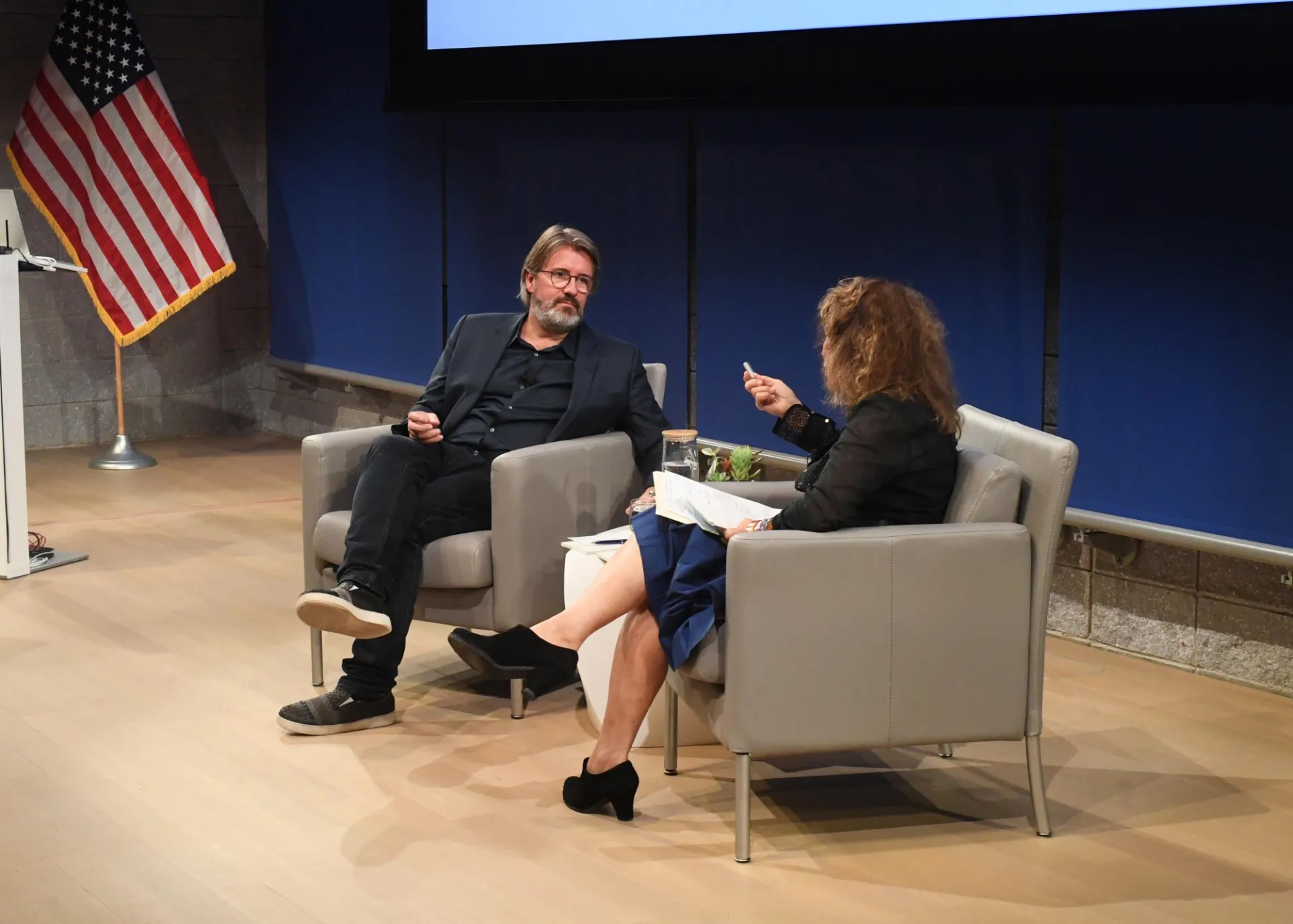 Carol Becker, Dean of Columbia University School of the Arts moderates the question and answer session with the audience.