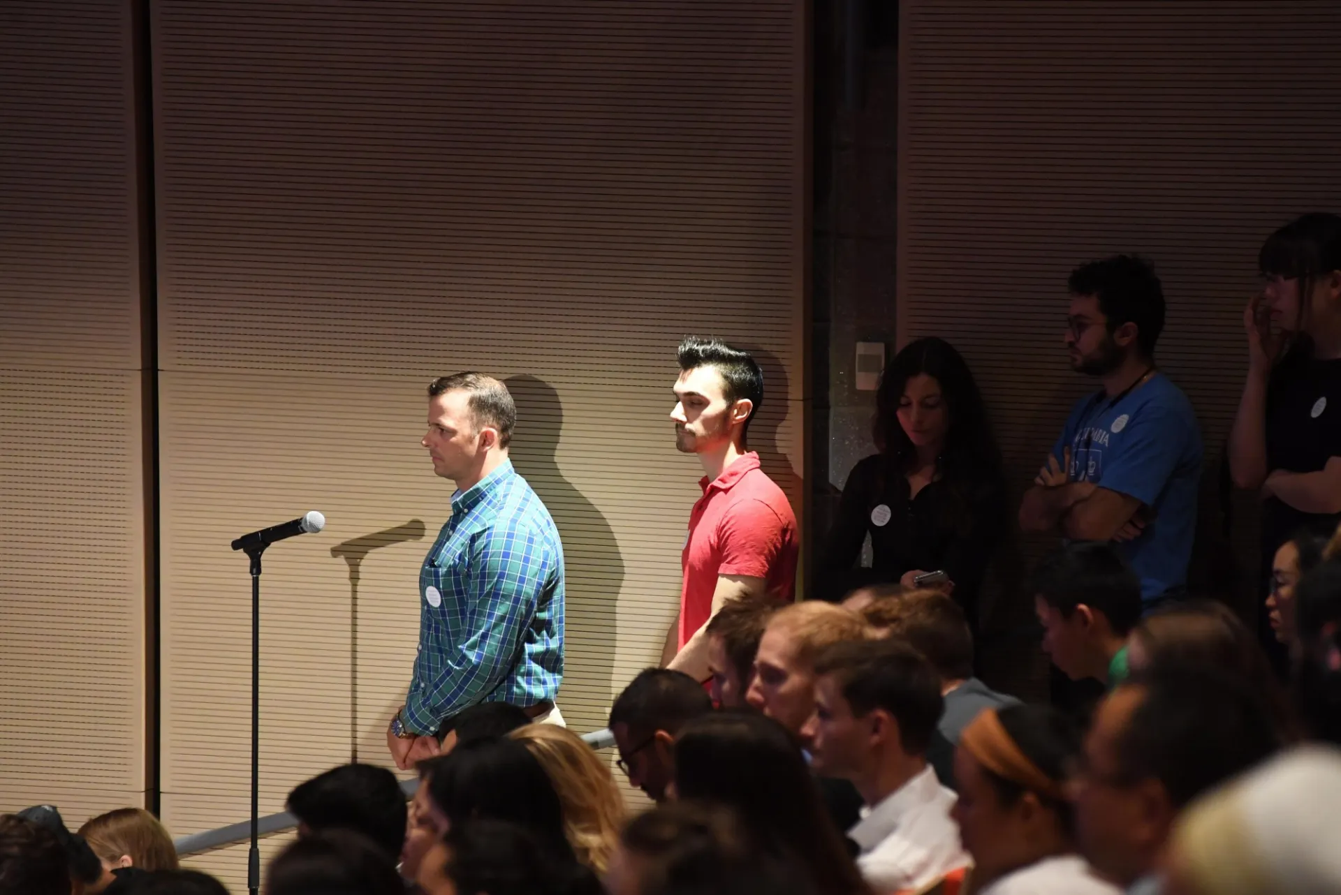 Columbia University students line up to ask President Barham Salih of Iraq a question during the question and answer session.