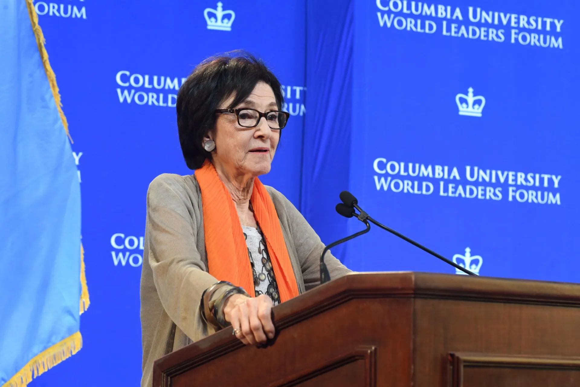Carol Gluck, Chair, Committee on Global Thought, George Sansom Professor of History Professor of East Asian Languages and Cultures begins the World Leaders Forum with an introduction of Jayathma Wickramanayake, UN Secretary-General's Envoy on Youth.