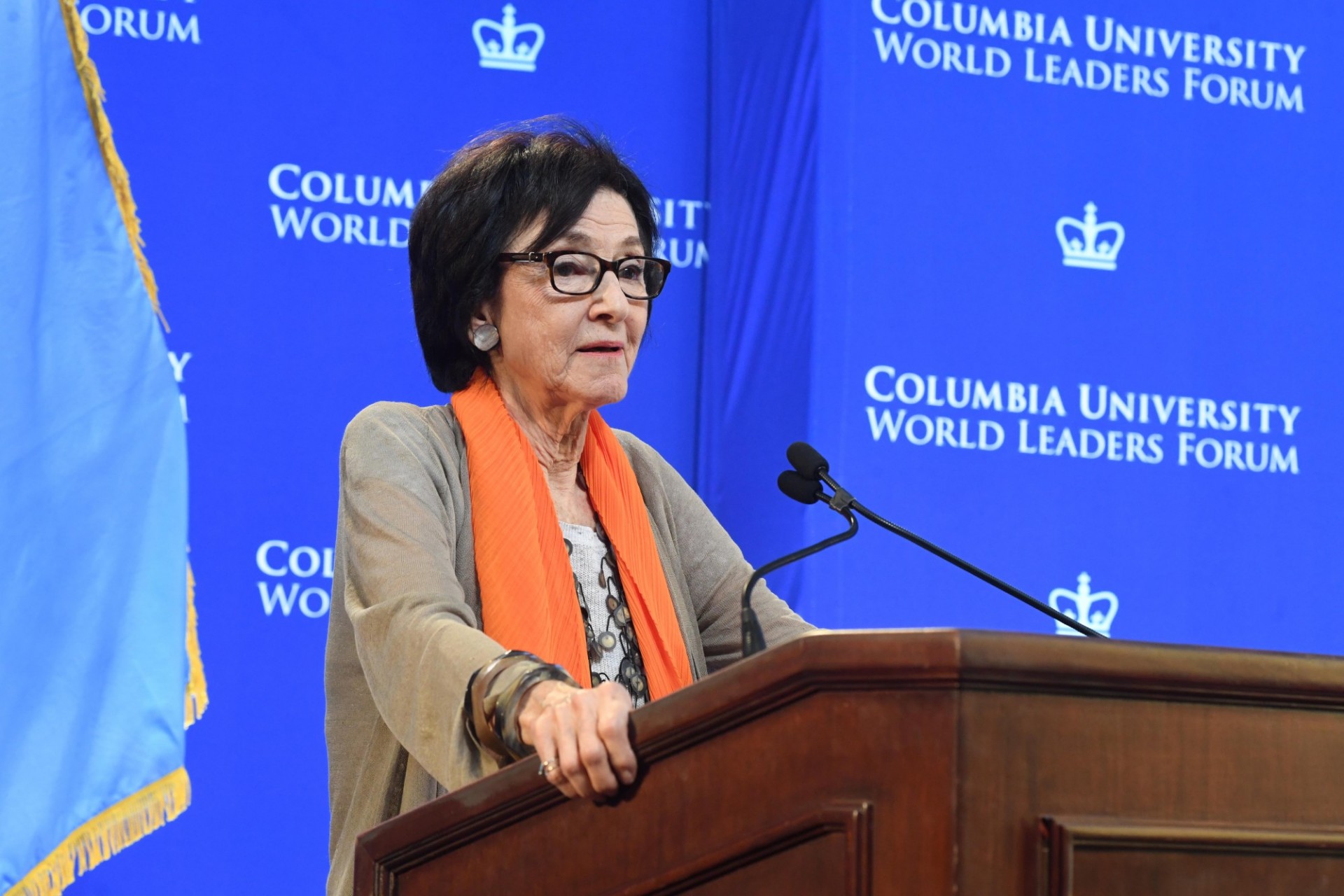 Carol Gluck, Chair, Committee on Global Thought, George Sansom Professor of History Professor of East Asian Languages and Cultures begins the World Leaders Forum with an introduction of Jayathma Wickramanayake, UN Secretary-General's Envoy on Youth.