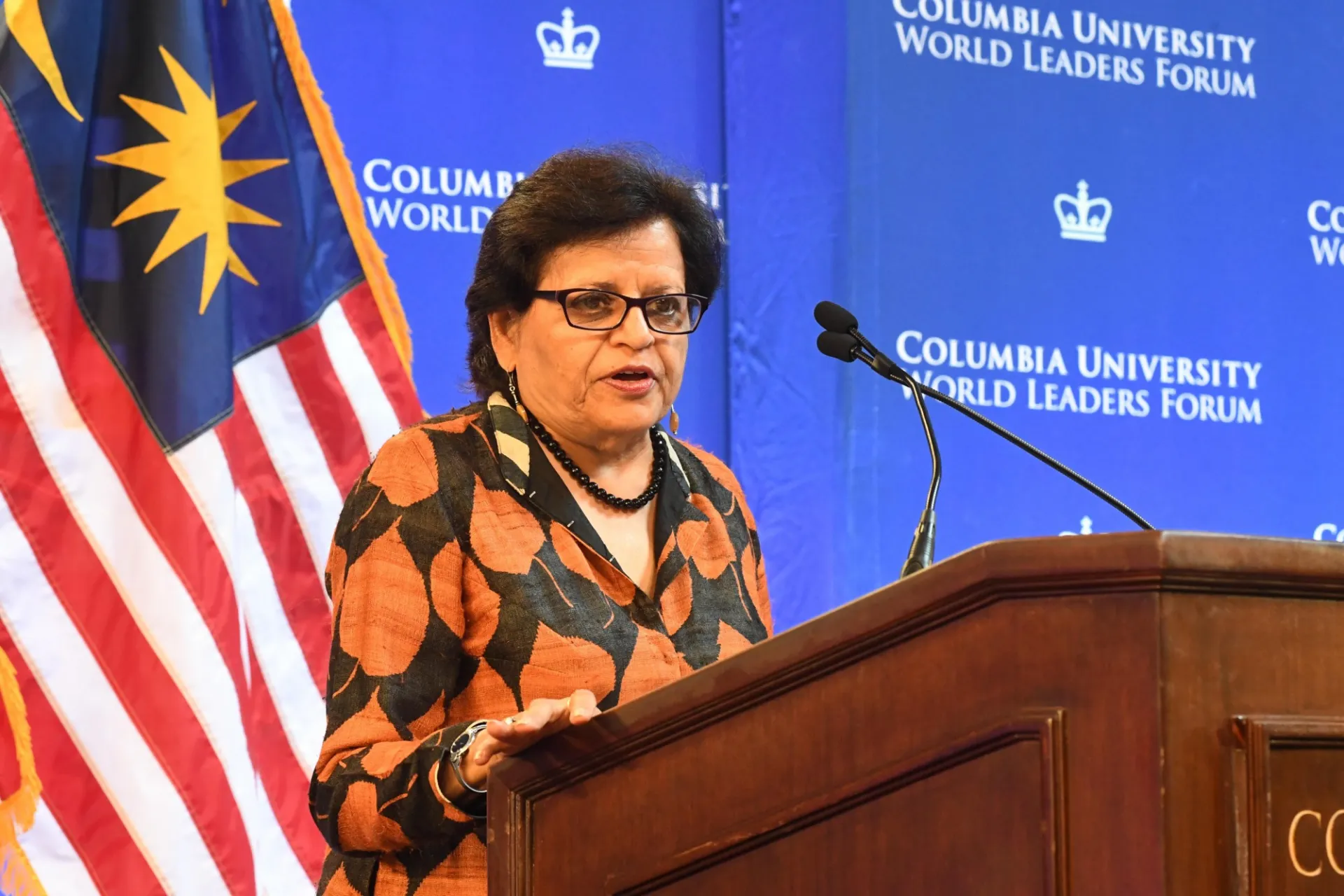 Vishakha N. Desai, Vice Chair, Committee on Global Thought, Senior Advisor for Global Affairs, and Senior Research Scholar, School of International and Public Affairs begins the World Leaders Forum with an introduction of Prime Minister Mahathir Mohamad of Malaysia.