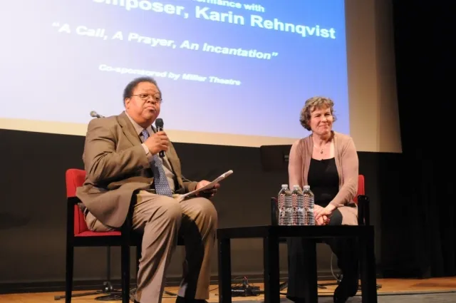 George Lewis, Edwin H. Case Professor of Music, moderates the question and answer session with the audience.