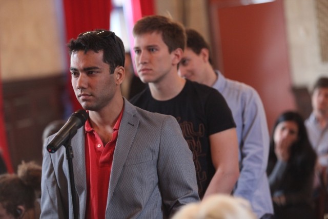 Columbia University students line up to ask former Governor Cabral a question during the question and answer session.