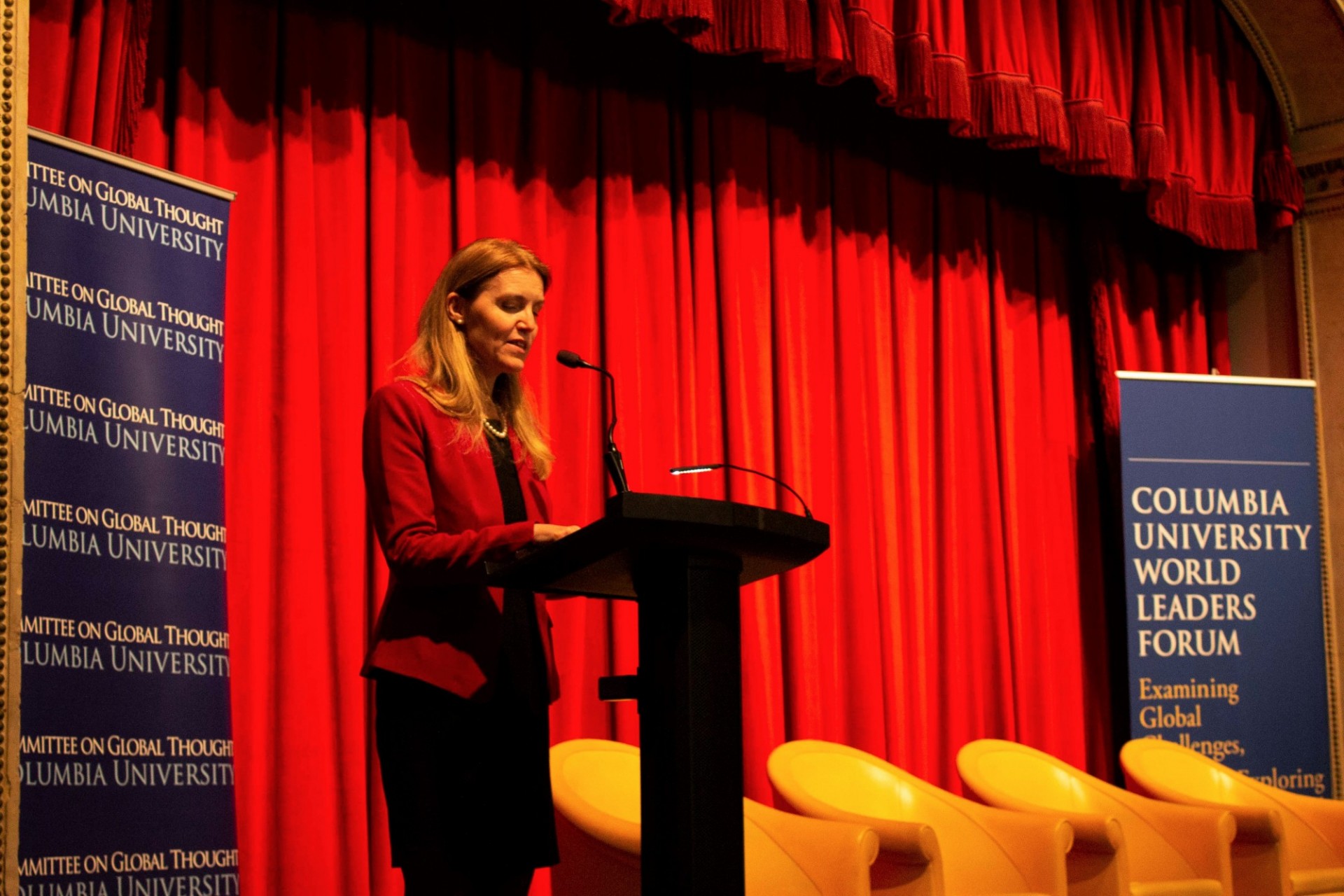 Maya Tolstoy, Interim Executive Vice President for Arts and Sciences; Interim Dean of the Faculty of Arts and Sciences; Professor of Earth and Environmental Sciences begins the World Leaders Forum with an introduction.