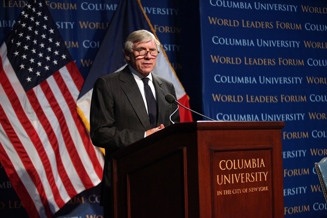 Lee C. Bollinger, President of Columbia University, welcomes Najat Vallaud-Belkacem, Minister for Women's Rights and Government Spokesperson of France and Anne-Marie Slaughter, President of the New America Foundation to the World Leaders Forum.