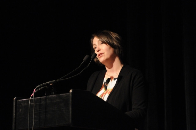 Melissa Smey, Executive Director of Miller Theatre, introducing Valery Gergiev, Director of the Mariinsky Theater in St. Petersburg, Russia