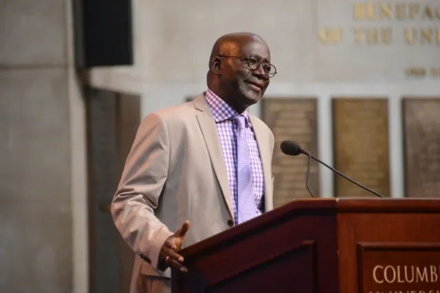 Mamadou Diouf, Director of the Institute for African Studies, moderates the question and answer session with students in attendance.