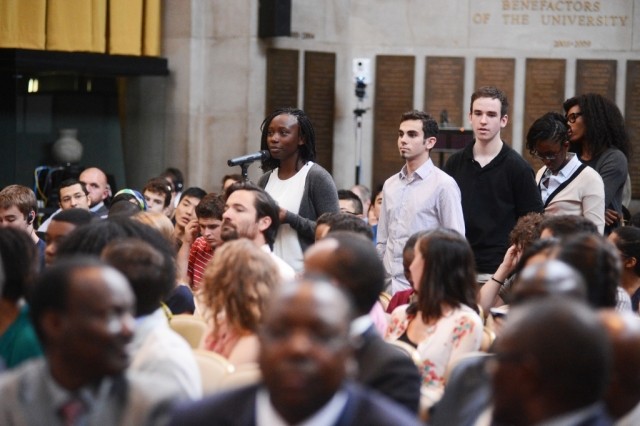 Columbia University students and community members line up to ask His Excellency Macky Sall a question during the question and answer session.