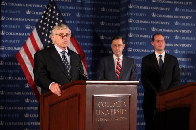 President Bollinger welcomes attendees and introduces senior economic advisors R. Glenn Hubbard and Jeffrey Liebman.