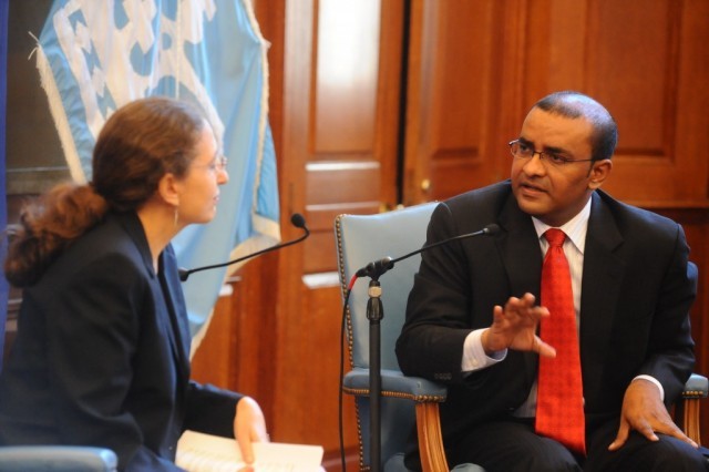 Ruth S. DeFries, Denning Family Professor of Sustainable Development, moderates a question and answer session with the audience following President Jagdeo’s address