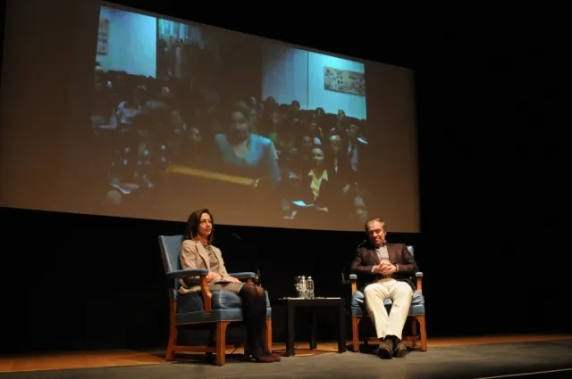 Students from St. Petersburg State University in St. Petersburg, Russia participate in a global question and answer session with Valery Gergiev via live-stream