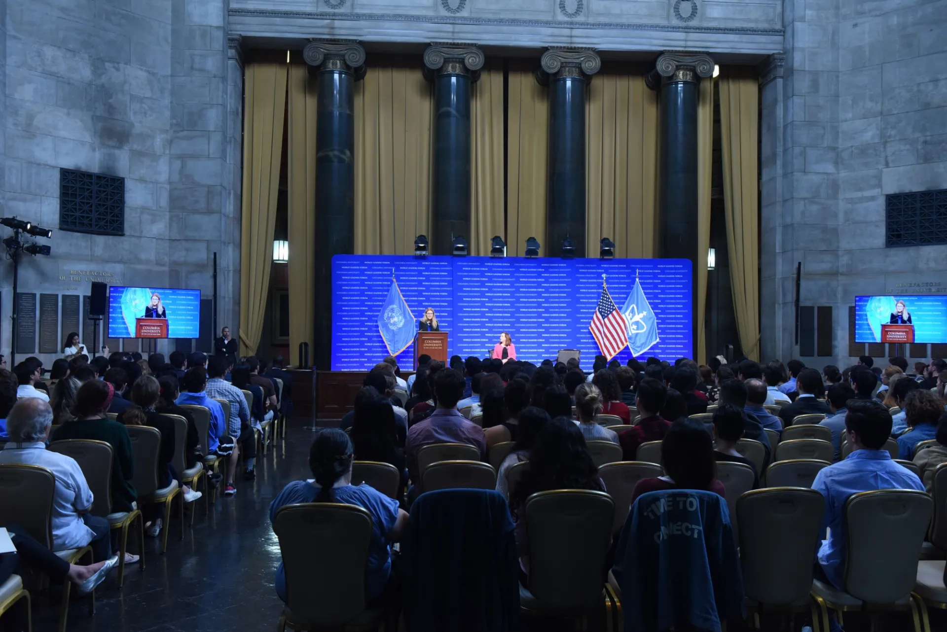 Maya Tolstoy, Interim Executive Vice President for Arts and Sciences and Interim Dean of the Faculty of Arts and Sciences; Professor of Earth and Environmental Sciences begins the World Leaders Forum with an introduction of President María Fernanda Espinosa Garcés of the UN General Assembly 73rd Session.