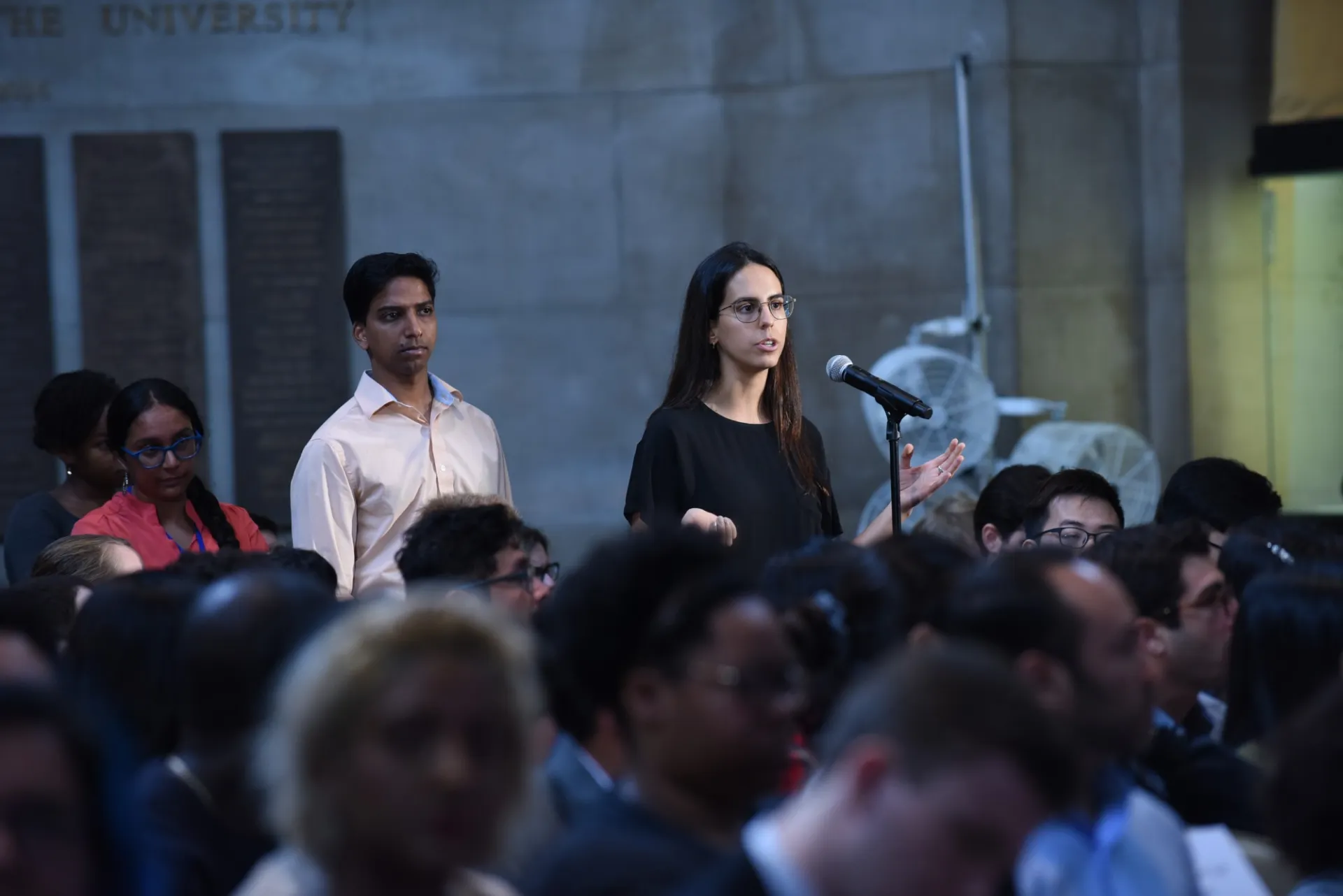 Columbia University students line up to ask President María Fernanda Espinosa Garcés of the UN General Assembly 73rd Session questions during the question and answer session.