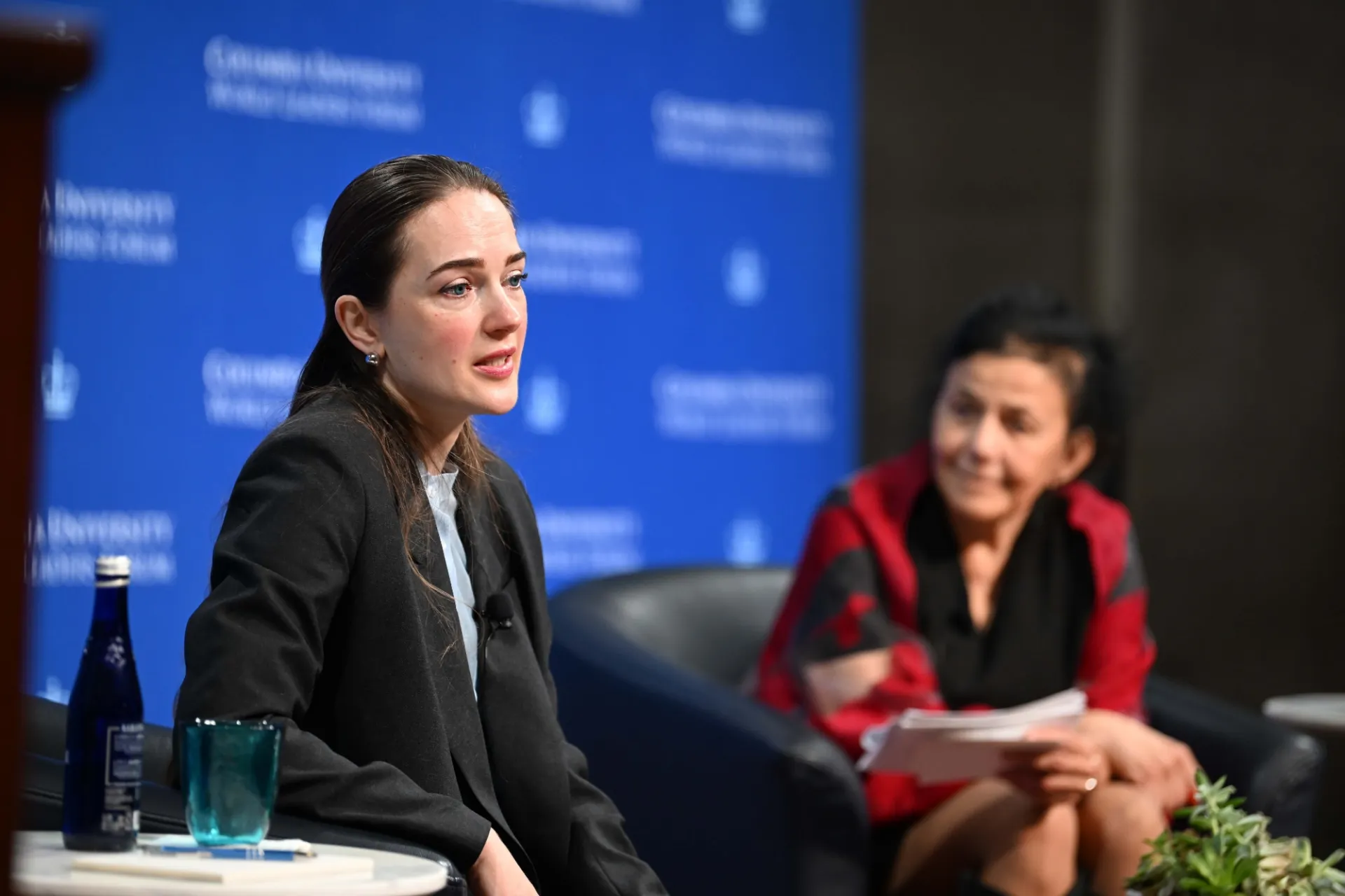 Human Rights Lawyer Oleksandra Matviichuk (left) and Wafaa El-Sadr, Executive Vice President for Columbia Global, (right) speaking during the World Leaders Forum