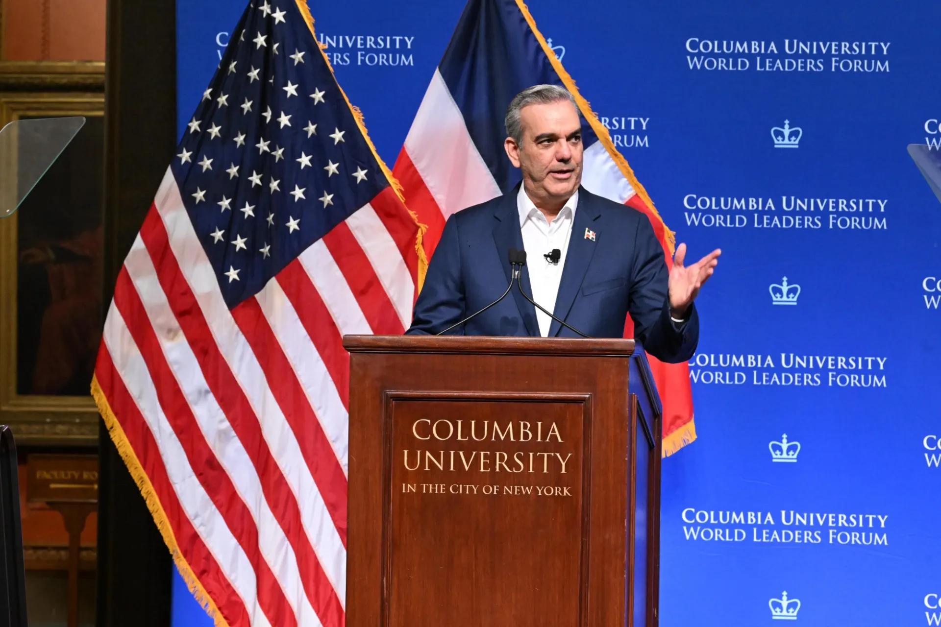 President Luis Abinader Corona of the Dominican Republic speaking at the podium during the World Leaders Forum