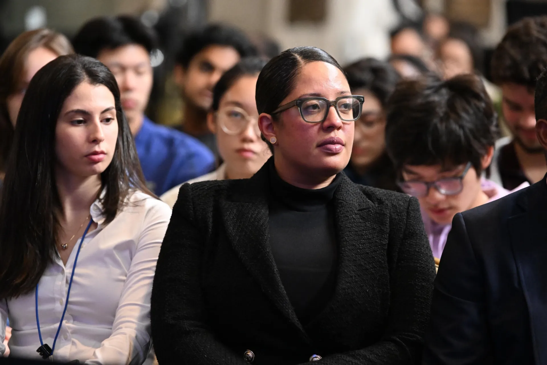 Audience members listen to a conversation with President Luis Abinader Corona of the Dominican Republic and Maria Victoria Murillo, Director of the Institute for Latin American Studies and Professor of Political Science and International and Public Affairs, during the World Leaders Forum